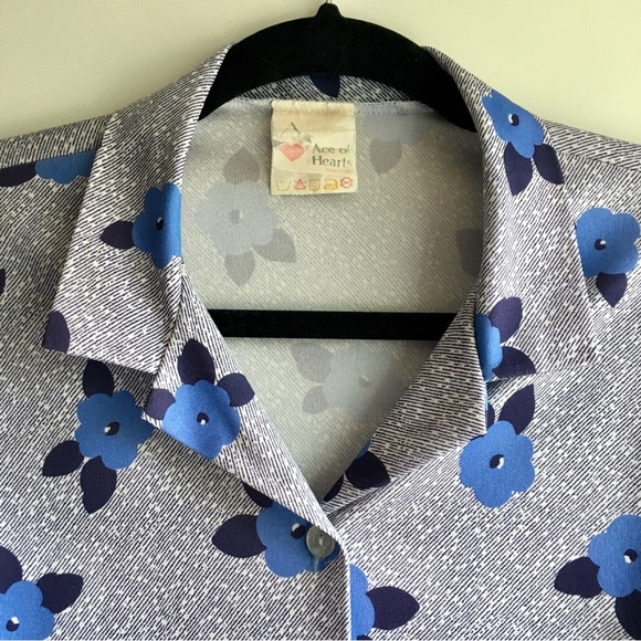 Vintage blue floral boxy buttoned womens short sleeve top blouse button 44 large - Picture 6 of 10